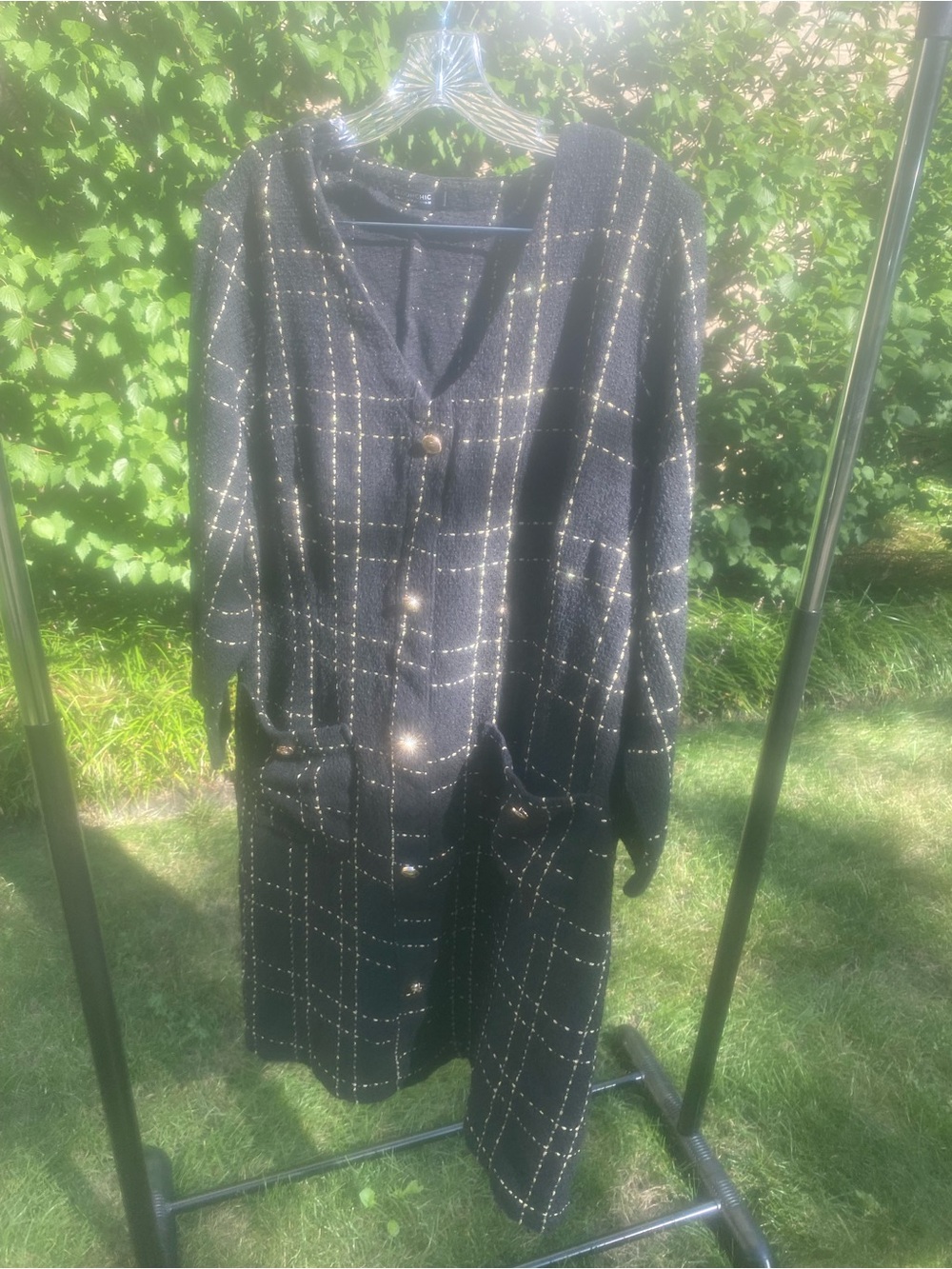 BloomChic Black Windowpane Metallic Plaid Jacket with Gold Buttons - Picture 5 of 6